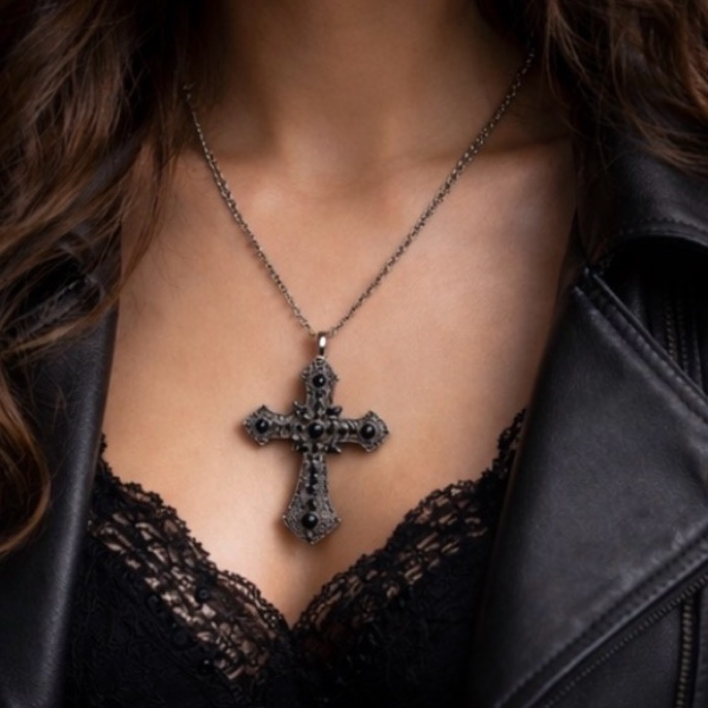 Vintage Gothic Black Rhinestone Cross Pendant Medieval Whimsigoth